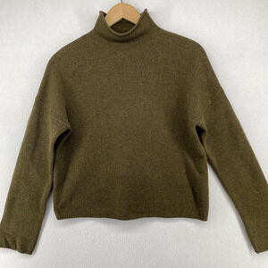 WHISTLES Sweater XS Merino Wool Boxy Jumper Funnel Neck Pullover Green Mended